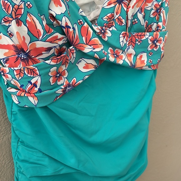 Women’s Lands End Tankini Top, Size 10L, Teal Floral - Picture 2 of 7